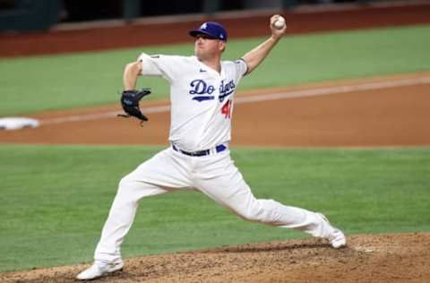 ARLINGTON, TEXAS – OCTOBER 21: Jake McGee #41 of the Los Angeles Dodgers delivers the pitch against the Tampa Bay Rays during the ninth inning in Game Two of the 2020 MLB World Series at Globe Life Field on October 21, 2020, in Arlington, Texas. (Photo by Tom Pennington/Getty Images)