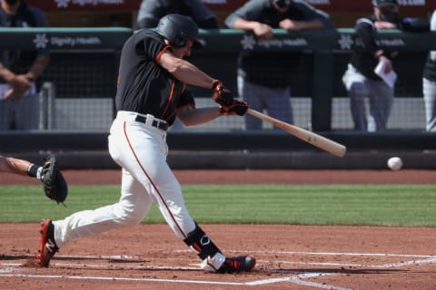 SCOTTSDALE, ARIZONA – MARCH 04: Jason Vosler #32 of the SF Giants grounds out during the second inning of a spring training game against the Chicago White Sox at Scottsdale Stadium on March 04, 2021 in Scottsdale, Arizona. Vosler has excelled in the early parts of spring training. (Photo by Carmen Mandato/Getty Images)