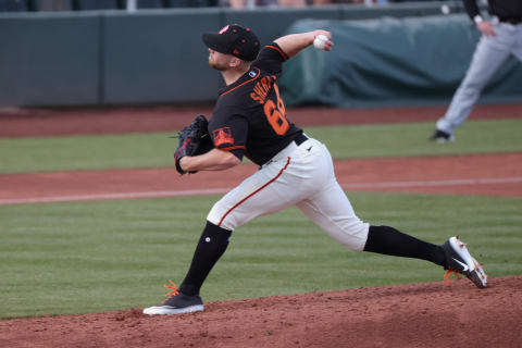 SCOTTSDALE, ARIZONA – MARCH 04: Jimmie Sherfy #64 of the SF Giants delivers during the second inning of a spring training game against the Chicago White Sox at Scottsdale Stadium on March 04, 2021. (Photo by Carmen Mandato/Getty Images)