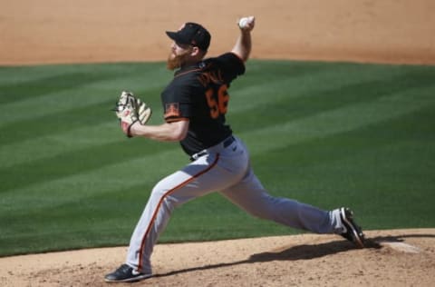 TEMPE, ARIZONA – MARCH 11: Pitcher Zack Littell #56 of the San Francisco Giants throws agains the Los Angeles Angels during the fourth inning of the MLB spring training baseball game at Tempe Diablo Stadium on March 11, 2021 in Tempe, Arizona. (Photo by Ralph Freso/Getty Images)