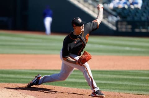 SURPRISE, ARIZONA – MARCH 01: Relief pitcher Anthony Banda #46 outfield the SF Giants pitches against the Texas Rangers during the MLB spring training game on March 01, 2021 in Surprise, Arizona. (Photo by Christian Petersen/Getty Images)