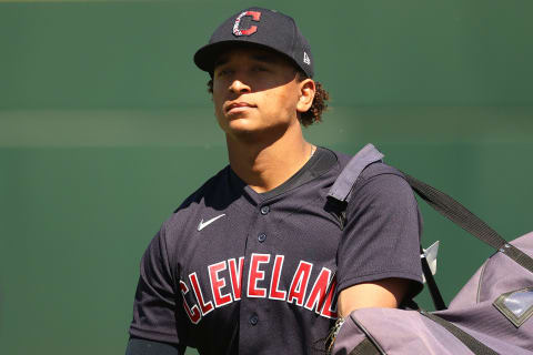 Cleveland Baseball Team outfielder and first baseman Josh Naylor #22 takes the field before the MLB spring training baseball game against the Chicago Cubs at Goodyear Ballpark on March 18, 2021 in Goodyear, Arizona. Pat Ellington joins the Sound the Foghorn podcast to compare Cleveland to the SF Giants and why he’s high on Naylor’s prospects in 2021. (Photo by Abbie Parr/Getty Images)