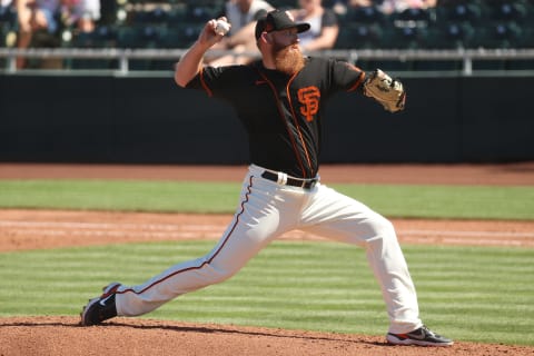 SCOTTSDALE, ARIZONA – MARCH 28: Zack Littell #56 of the SF Giants pitches in the fourth inning against the Oakland Athletics during the MLB spring training game at Scottsdale Stadium on March 28, 2021. (Photo by Abbie Parr/Getty Images)