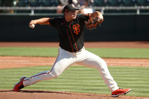 SCOTTSDALE, ARIZONA – MARCH 28: Kervin Castro #76 of the SF Giants pitches in the sixth inning against the Oakland Athletics during the MLB spring training game at Scottsdale Stadium on March 28, 2021. (Photo by Abbie Parr/Getty Images)