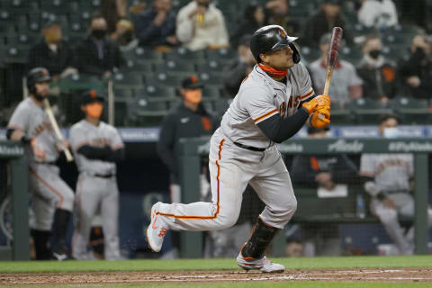 SEATTLE, WASHINGTON – APRIL 01: Donovan Solano #7 of the SF Giants at-bat against the Seattle Mariners in the fourth inning on Opening Day at T-Mobile Park on April 01, 2021. (Photo by Steph Chambers/Getty Images)