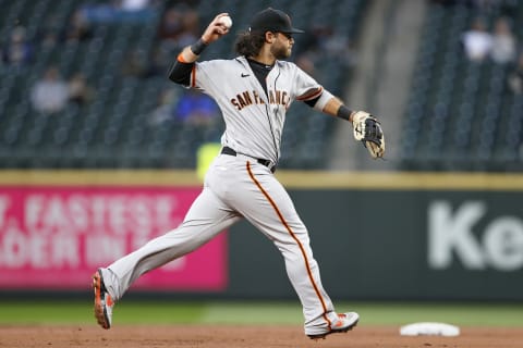 SEATTLE, WASHINGTON – APRIL 03: Brandon Crawford #35 of the SF Giants in action against the Seattle Mariners at T-Mobile Park on April 03, 2021. (Photo by Steph Chambers/Getty Images)