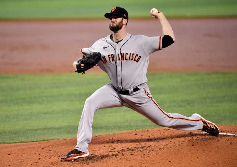 MIAMI, FLORIDA – APRIL 18: Alex Wood #57 of the SF Giants delivers a pitch in the first inning against the Miami Marlins at loanDepot park on April 18, 2021. (Photo by Mark Brown/Getty Images)