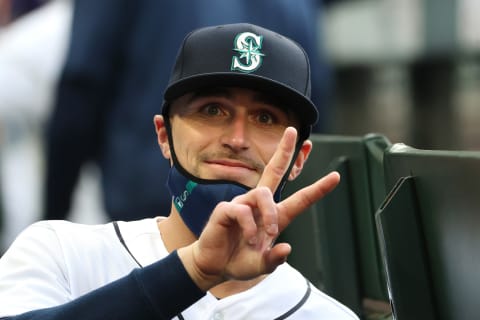 SEATTLE, WASHINGTON – APRIL 19: Braden Bishop #5 of the Seattle Mariners reacts before the game against the Los Angeles Dodgers at T-Mobile Park on April 19, 2021. (Photo by Abbie Parr/Getty Images)