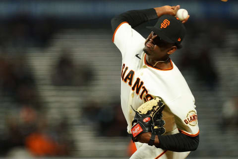 Gregory Santos #78 of the SF Giants pitches during his MLB debut during the sixth inning against the Miami Marlins at Oracle Park on April 22, 2021. (Photo by Daniel Shirey/Getty Images)