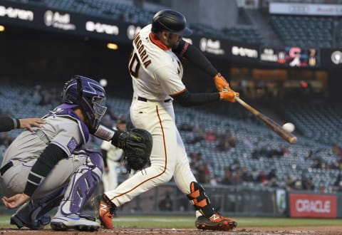 SAN FRANCISCO, CALIFORNIA – APRIL 26: Evan Longoria #10 of the SF Giants hits a two-run rbi double against the Colorado Rockies in the second inning at Oracle Park on April 26, 2021. (Photo by Thearon W. Henderson/Getty Images)