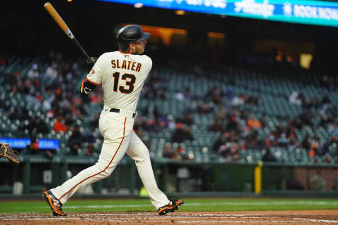 SAN FRANCISCO, CALIFORNIA – APRIL 22: Austin Slater #13 of the SF Giants bats during the game against the Miami Marlins at Oracle Park on April 22, 2021. (Photo by Daniel Shirey/Getty Images)