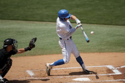 LOS ANGELES, CALIFORNIA – MAY 02: Matt McLain #1 of the UCLA Bruins at-bat against the Oregon State Beavers at Jackie Robinson Stadium on May 02, 2021 in Los Angeles, California. (Photo by Andy Bao/Getty Images)