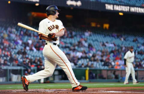 SAN FRANCISCO, CALIFORNIA – APRIL 27: Alex Dickerson #12 of the SF Giants bats during the game against the Colorado Rockies at Oracle Park on April 27, 2021 in San Francisco, California. (Photo by Daniel Shirey/Getty Images)