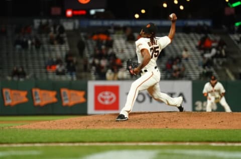 SAN FRANCISCO, CALIFORNIA – APRIL 27: Camilo Doval #75 of the San Francisco Giants pitches during the game against the Colorado Rockies at Oracle Park on April 27, 2021 in San Francisco, California. (Photo by Daniel Shirey/Getty Images)