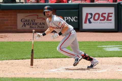 CINCINNATI, OHIO – MAY 20: Steven Duggar #6 of the SF Giants hits a single in the fifth inning against the Cincinnati Reds at Great American Ball Park on May 20, 2021. (Photo by Dylan Buell/Getty Images)