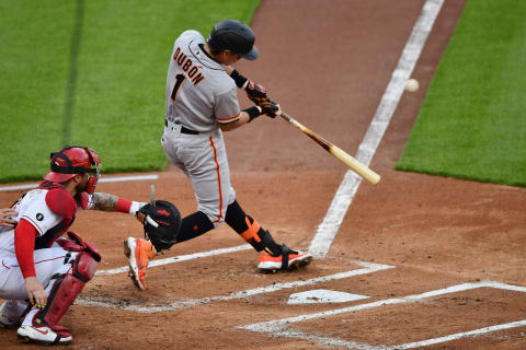 CINCINNATI, OH – MAY 19: Mauricio Dubón #1 of the SF Giants bats against the Cincinnati Reds at Great American Ball Park on May 19, 2021. (Photo by Jamie Sabau/Getty Images)