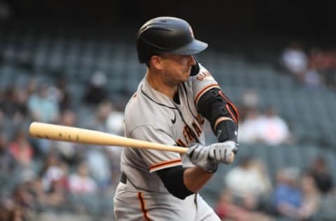 PHOENIX, ARIZONA – MAY 26: Buster Posey #28 of the SF Giants gets ready in the batters box against the Arizona Diamondbacks at Chase Field on May 26, 2021 in Phoenix, Arizona. (Photo by Norm Hall/Getty Images)