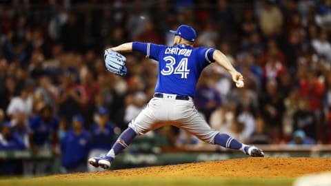 BOSTON, MASSACHUSETTS – JUNE 11: Relief pitcher Tyler Chatwood #34 of the Toronto Blue Jays pitches in the bottom of the sixth inning of the game against the Boston Red Sox at Fenway Park on June 11, 2021. (Photo by Omar Rawlings/Getty Images)