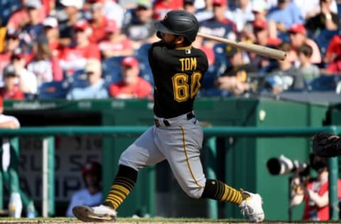 WASHINGTON, DC – JUNE 16: Ka’ai Tom #60 of the Pittsburgh Pirates at bat against the Washington Nationals at Nationals Park on June 16, 2021 in Washington, DC. (Photo by Will Newton/Getty Images)