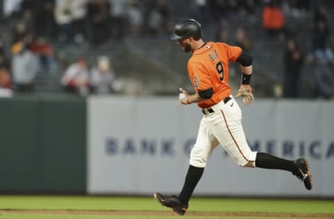 SAN FRANCISCO, CALIFORNIA – JUNE 18: Brandon Belt #9 of the San Francisco Giants rounds the bases against the Philadelphia Phillies at Oracle Park on June 18, 2021 in San Francisco, California. (Photo by Ben Green/Getty Images)