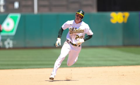 OAKLAND, CA – JUNE 9: Mark Canha #20 of the Oakland Athletics runs the bases during the game against the Arizona Diamondbacks at RingCentral Coliseum on June 9, 2021. The Athletics defeated the Diamondbacks 4-0. (Photo by Michael Zagaris/Oakland Athletics/Getty Images)