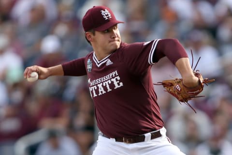 OMAHA, NEBRASKA – JUNE 30: Will Bednar #24 of the Mississippi St. pitches against Vanderbilt in the bottom of the first inning during game three of the College World Series Championship at TD Ameritrade Park Omaha on June 30, 2021. (Photo by Sean M. Haffey/Getty Images)