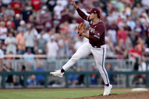 OMAHA, NEBRASKA – JUNE 30: Will Bednar #24 of the Mississippi St. pitches against Vanderbilt in the bottom of the fifth inning during game three of the College World Series Championship at TD Ameritrade Park Omaha on June 30, 2021 in Omaha, Nebraska. (Photo by Sean M. Haffey/Getty Images)