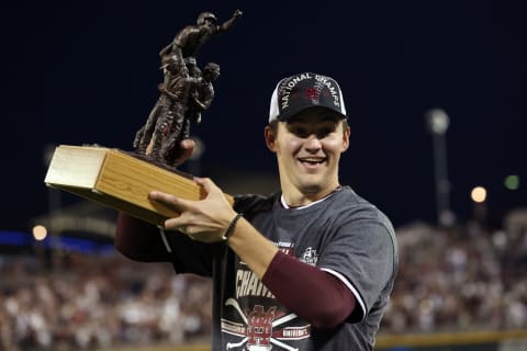 OMAHA, NEBRASKA – JUNE 30: Will Bednar #24 of the Mississippi St. celebrates after being named series MVP after Mississippi St. beat Vanderbilt 9-0 during game three of the College World Series Championship at TD Ameritrade Park Omaha on June 30, 2021 in Omaha, Nebraska. (Photo by Sean M. Haffey/Getty Images)