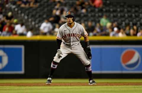 PHOENIX, ARIZONA – JULY 02: Thairo Estrada #39 of the SF Giants gets a lead from second base against the Arizona Diamondbacks at Chase Field on July 02, 2021 in Phoenix, Arizona. (Photo by Norm Hall/Getty Images)