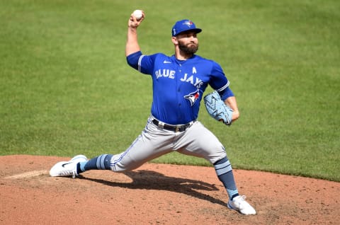 BALTIMORE, MARYLAND – JUNE 20: Tyler Chatwood #34 of the Toronto Blue Jays pitches against the Baltimore Orioles at Oriole Park at Camden Yards on June 20, 2021. The SF Giants signed Chatwood this week. (Photo by G Fiume/Getty Images)