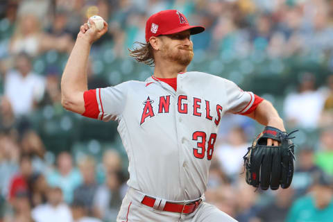 SEATTLE, WASHINGTON – JULY 09: Alex Cobb #38 of the Los Angeles Angels pitches during the second inning against the Seattle Mariners at T-Mobile Park on July 09, 2021. Could he be an under-the-radar target for the SF Giants at the MLB trade deadline? (Photo by Abbie Parr/Getty Images)