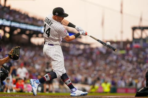 DENVER, COLORADO – JULY 12: Trevor Story #27 of the Colorado Rockies (wearing #44 in honor of Hank Aaron) bats during the 2021 T-Mobile Home Run Derby at Coors Field on July 12, 2021. Story is emerging as one of the SF Giants top trade targets before the MLB trade deadline. (Photo by Matt Dirksen/Colorado Rockies/Getty Images)