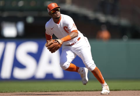 SAN FRANCISCO, CALIFORNIA – JULY 10: Thairo Estrada #39 of the SF Giants reacts to a ground ball against the Washington Nationals in the top of the seventh inning at Oracle Park on July 10, 2021 in San Francisco, California. The Giants are wearing an alternate uniform called City Connect. (Photo by Thearon W. Henderson/Getty Images)