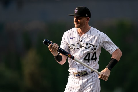 DENVER, COLORADO – JULY 12: Trevor Story #27 of the Colorado Rockies (wearing #44 in honor of Hank Aaron) reacts on stage for the 2021 T-Mobile Home Run Derby at Coors Field on July 12, 2021. Could he be playing for the SF Giants soon? (Photo by Matt Dirksen/Colorado Rockies/Getty Images)