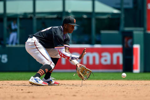 DENVER, CO – JULY 11: SF Giants prospect Marco Luciano #10 of National League Futures Team warms up before a game against the American League Futures Team at Coors Field on July 11, 2021..(Photo by Dustin Bradford/Getty Images)