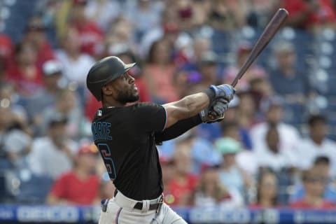 PHILADELPHIA, PA – JULY 16: Starling Marte #6 of the Miami Marlins hits a two-run home run in the top of the first inning against the Philadelphia Phillies during Game Two of the doubleheader at Citizens Bank Park on July 16, 2021. The SF Giants are reportedly interested in Marte at the upcoming trade deadline. (Photo by Mitchell Leff/Getty Images)