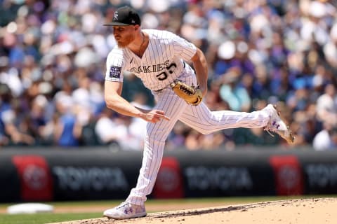 DENVER, COLORADO – JULY 18: Starting pitcher Jon Gray #55 of the Colorado Rockies throws against the Los Angeles Dodgers in the second inning at Coors Field on July 18, 2021. Gray is the second prominent Rockies player to be tied to the SF Giants. (Photo by Matthew Stockman/Getty Images)