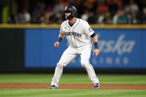 SEATTLE – JULY 7: Mitch Haniger #17 of the Seattle Mariners leads off during the game against the New York Yankees at T-Mobile Park on July 7, 2021 in Seattle, Washington. The Yankees defeated the Mariners 5-4. (Photo by Rob Leiter/MLB Photos via Getty Images)