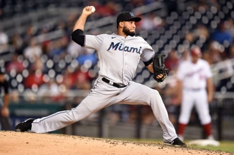 WASHINGTON, DC – JULY 21: Yimi García #93 of the Miami Marlins pitches in the tenth inning against the Washington Nationals at Nationals Park on July 21, 2021. (Photo by Greg Fiume/Getty Images)