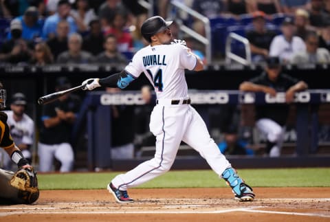 MIAMI, FLORIDA – JULY 22: Adam Duvall #14 of the Miami Marlins bats against the San Diego Padres at loanDepot park on July 22, 2021. Duvall was developed in the SF Giants organization. (Photo by Mark Brown/Getty Images)