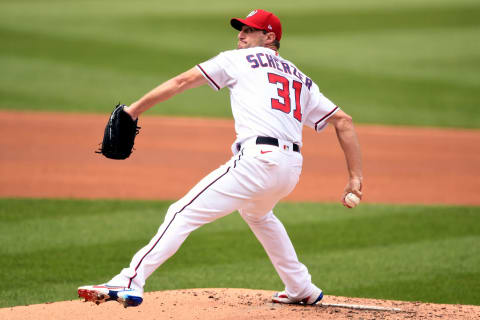 WASHINGTON, DC – JULY 18: Max Scherzer #31 of the Washington Nationals pitches during a baseball game against the San Diego Padres at Nationals Park on July 18, 2021. (Photo by Mitchell Layton/Getty Images)