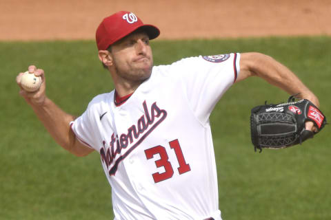 WASHINGTON, DC – JULY 18: Max Scherzer #31 of the Washington Nationals pitches during a baseball game against the San Diego Padres at Nationals Park on July 18, 2021. (Photo by Mitchell Layton/Getty Images)