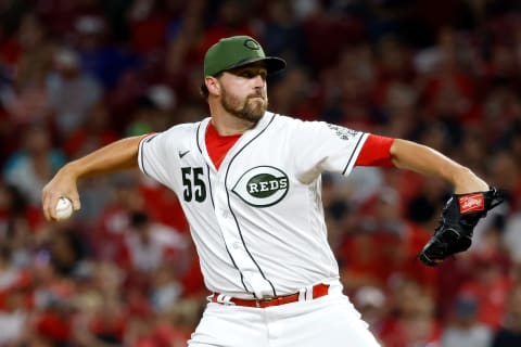 CINCINNATI, OH – AUGUST 06: Heath Hembree #55 of the Cincinnati Reds pitches against the Pittsburgh Pirates at Great American Ball Park on August 6, 2021. Cincinnati defeated Pittsburgh 10-0. The SF Giants originally drafted Hembree in the 2010 MLB draft. (Photo by Kirk Irwin/Getty Images)