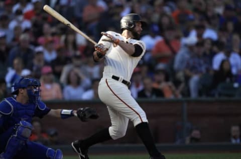 SAN FRANCISCO, CALIFORNIA – SEPTEMBER 05: Brandon Belt #9 of the San Francisco Giants bats against the Los Angeles Dodgers in the bottom of the second inning at Oracle Park on September 05, 2021 in San Francisco, California. (Photo by Thearon W. Henderson/Getty Images)