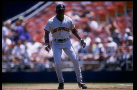 3 Aug 1995: Outfielder Deion Sanders of the San Francisco Giants stands on base during a game against the San Diego Padres at Jack Murphy Stadium in San Diego, California. The Padres won the game 3-0. Mandatory Credit: Todd Warshaw /Allsport