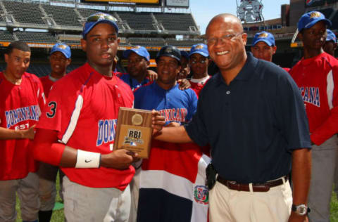 MINNEAPOLIS, MN – AUGUST 14: Gustavo Cabrera #12 of Santa Domingo, Dominican Republic, is named Most Valuable Player for the 2011 RBI World Series August 14, 2011, at Target Field in Minneapolis, Minnesota. (Photo by Brace Hemmelgarn/Getty Images)