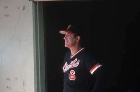 Manager Joe Altobelli #6 of the SF Giants looks on from the dugout during a Major League Baseball game circa 1978 at Candlestick Park in San Francisco, California. Altobelli managed the Giants from 1977-79. (Photo by Focus on Sport/Getty Images)