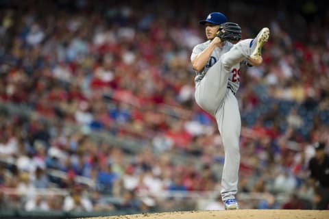 Starting pitcher Scott Kazmir #29 of the Los Angeles Dodgers throws a pitch to a Washington Nationals batter in the fourth inning during an MLB baseball game at Nationals Park on July 19, 2016. Kazmir signed a minor-league deal with the SF Giants on Tuesday. (Photo by Patrick McDermott/Washington Nationals/Getty Images)