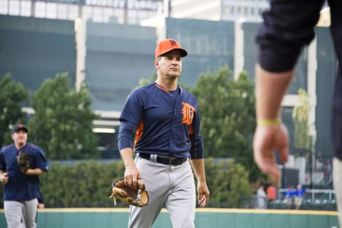 Former SF Giants shortstop Omar Vizquel during his time as the first base coach of the Detroit Tigers. (Photo by Jason Miller/Getty Images)