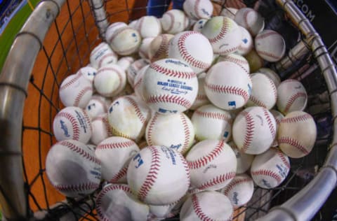 MIAMI, FL – APRIL 11: Baseballs for batting practice during 2017 Opening Day against the Atlanta Braves at Marlins Park on April 11, 2017 in Miami, Florida. (Photo by Mark Brown/Getty Images)